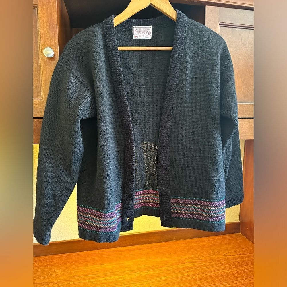 Vintage Pendleton Black Wool Multicolor Detail Tunic Cardigan Size Small